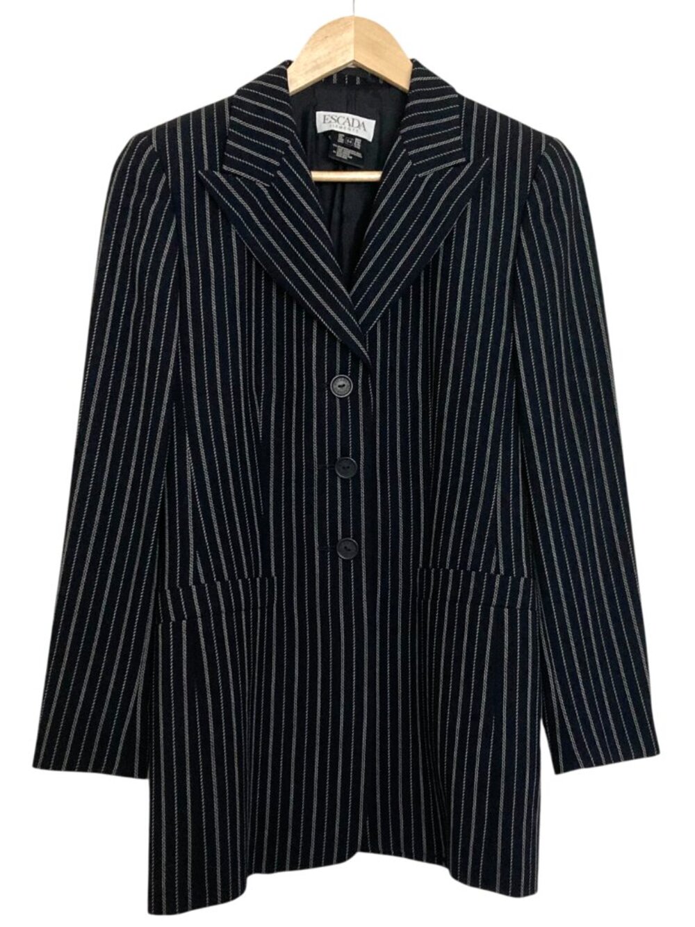 Vintage ESCADA Pinstriped Wool Silk Blend Longline Single Breasted Blazer Size 4